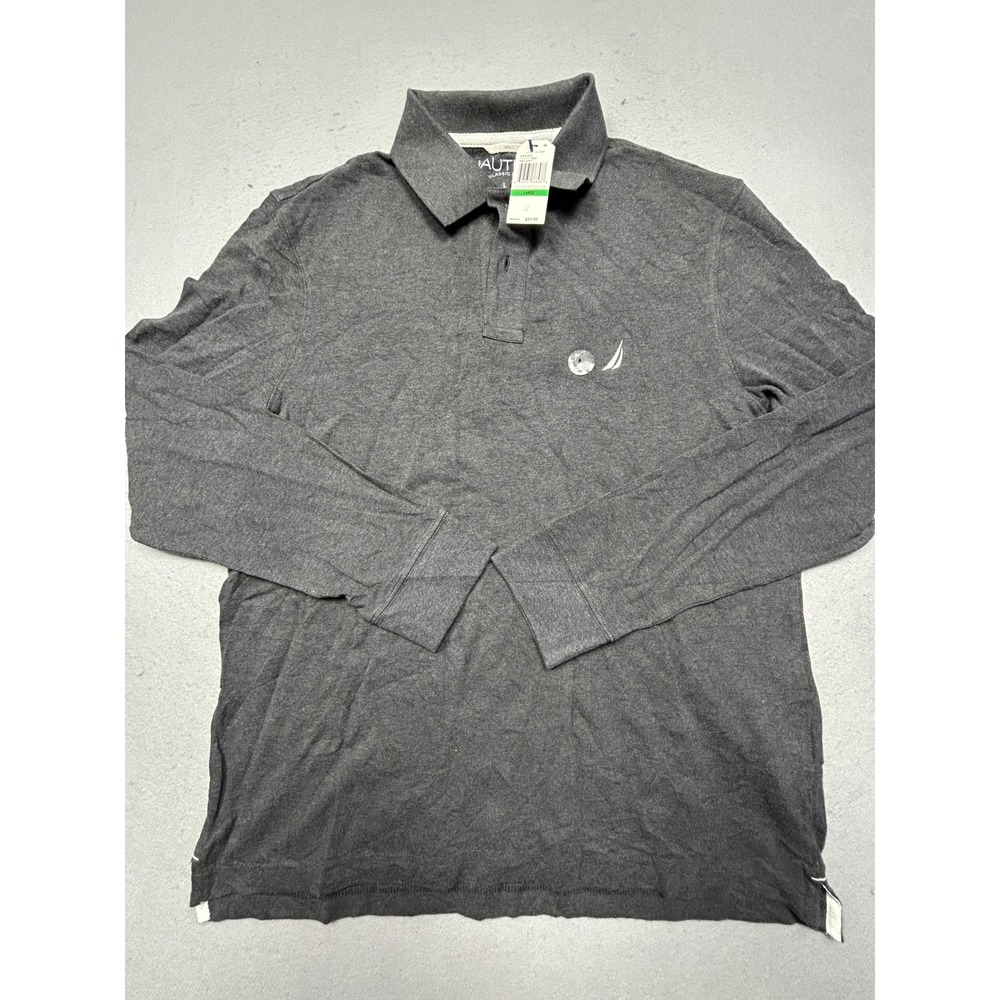 Nautica Long Sleeve Polo 100% Cotton Grey Large Mens